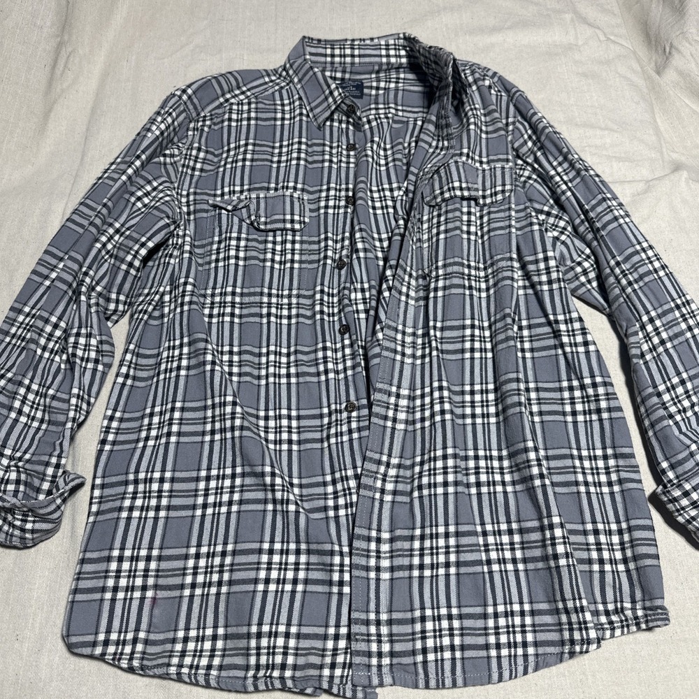 Faded Glory Mens Black WHITE Plaid Flannel Button Shirt‎ Size L